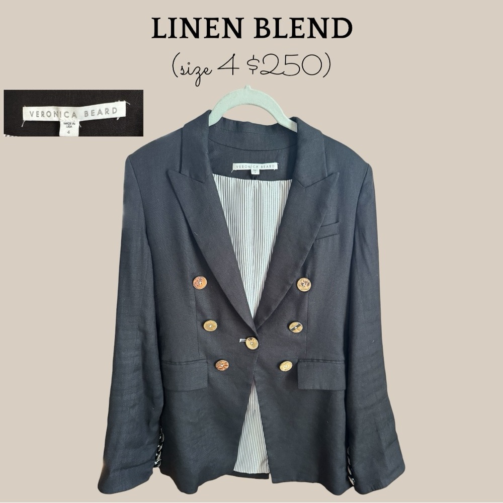 Veronica Beard Black Double-Breasted Linen-Blend Blazer